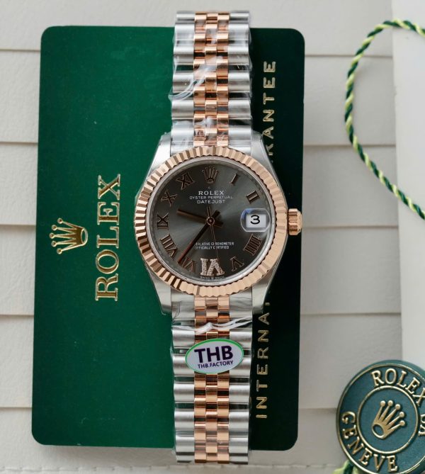 Đồng Hồ Rolex Nữ DateJust Replica 11 Demi Vàng Hồng Mặt Xám Nhà Máy THB 31mm (2)