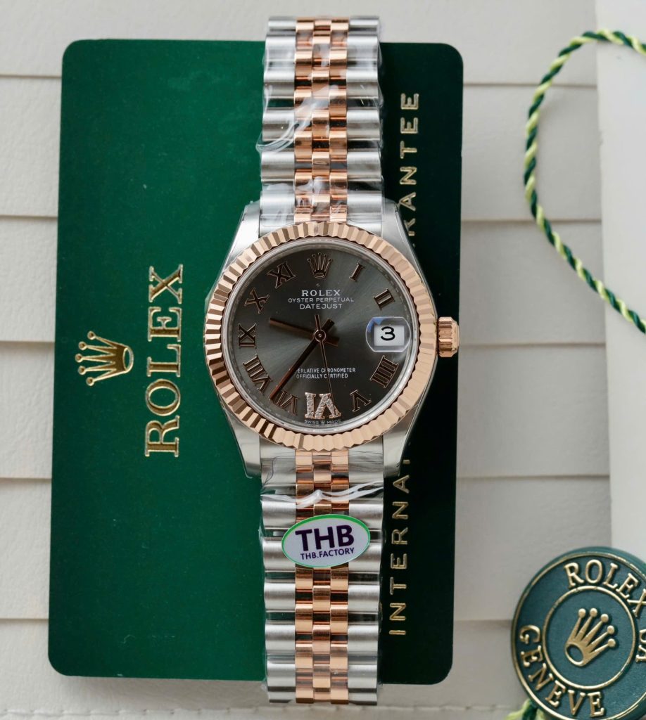 Đồng Hồ Rolex Nữ DateJust Replica 11 Demi Vàng Hồng Mặt Xám Nhà Máy THB 31mm (2)