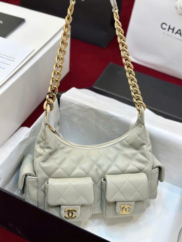 Túi Xách Chanel Hobo Small Siêu Cấp Nữ Da Cừu Màu Xám Nhạt 31x22x15cm (2)