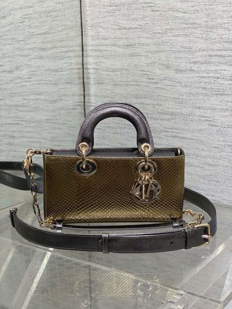 Túi Xách Dior D-Joy Siêu Cấp Màu Vàng Ánh Kim Hoạ Tiết Da Rắn 22cm (2)
