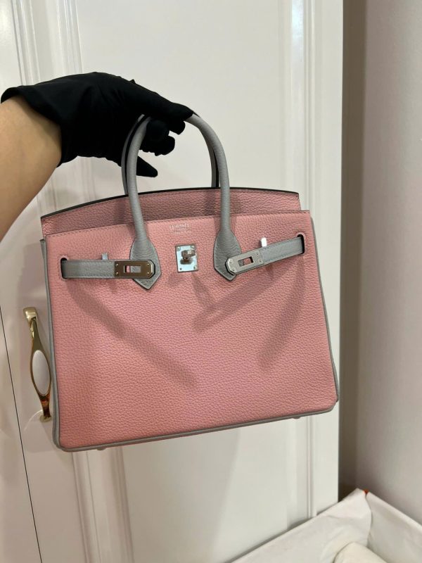 Túi Xách Hermes Birkin Siêu Cấp Nữ Mix 2 Màu Hồng Xám 25cm (2)