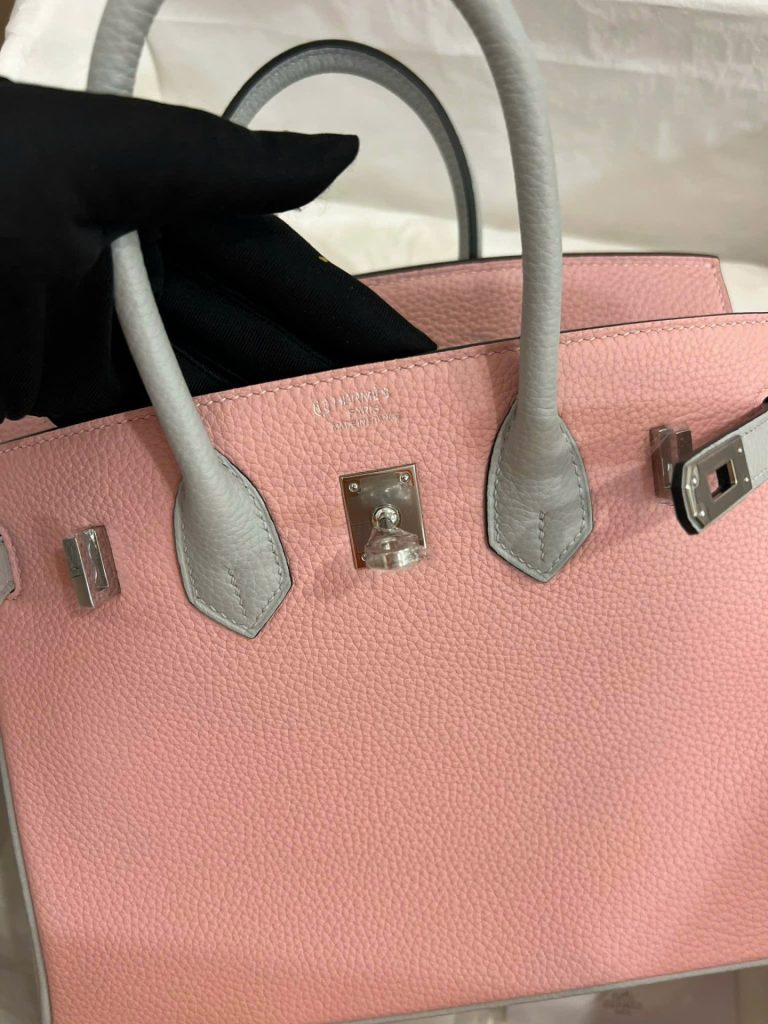 Túi Xách Hermes Birkin Siêu Cấp Nữ Mix 2 Màu Hồng Xám 25cm (2)
