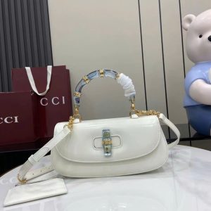 Túi Xách Nữ Gucci Bamboo Diva Like Auth Chất Da Bóng Màu Trắng 26 (2)