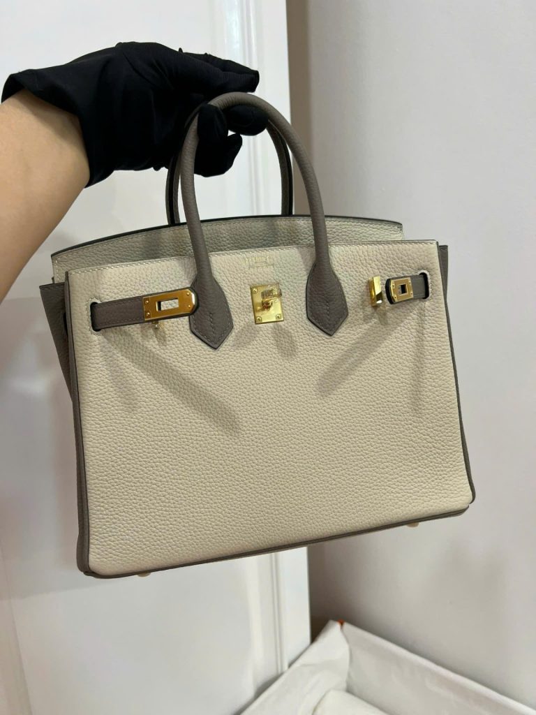 Túi Xách Nữ Hermes Birkin Like Auth Mix 2 Màu Trắng Xám 25cm (2)