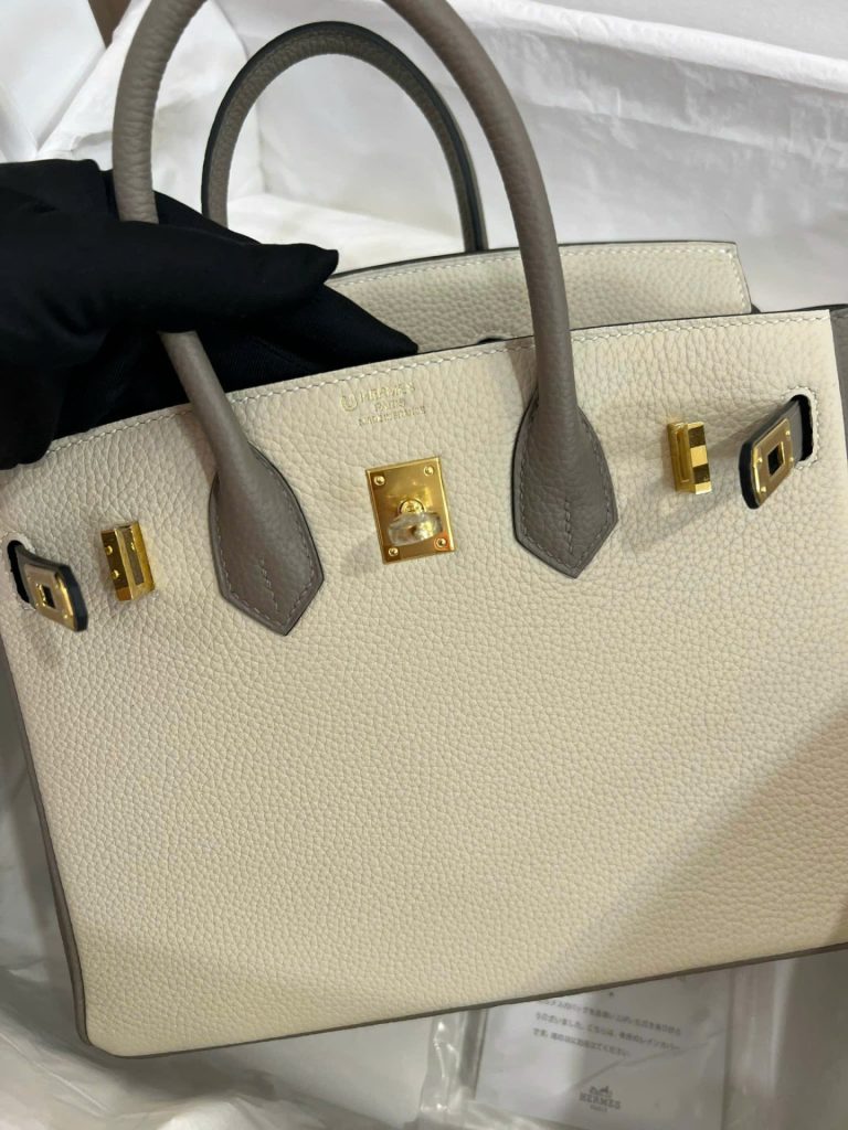 Túi Xách Nữ Hermes Birkin Like Auth Mix 2 Màu Trắng Xám 25cm (2)