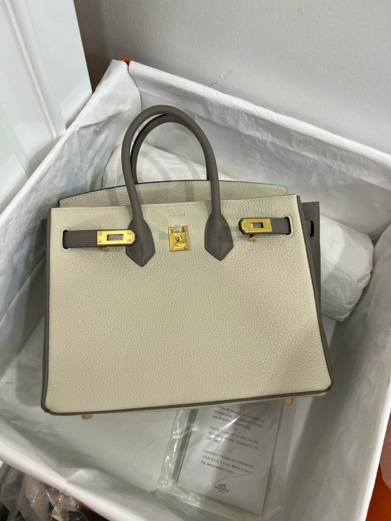 Túi Xách Nữ Hermes Birkin Like Auth Mix 2 Màu Trắng Xám 25cm (2)