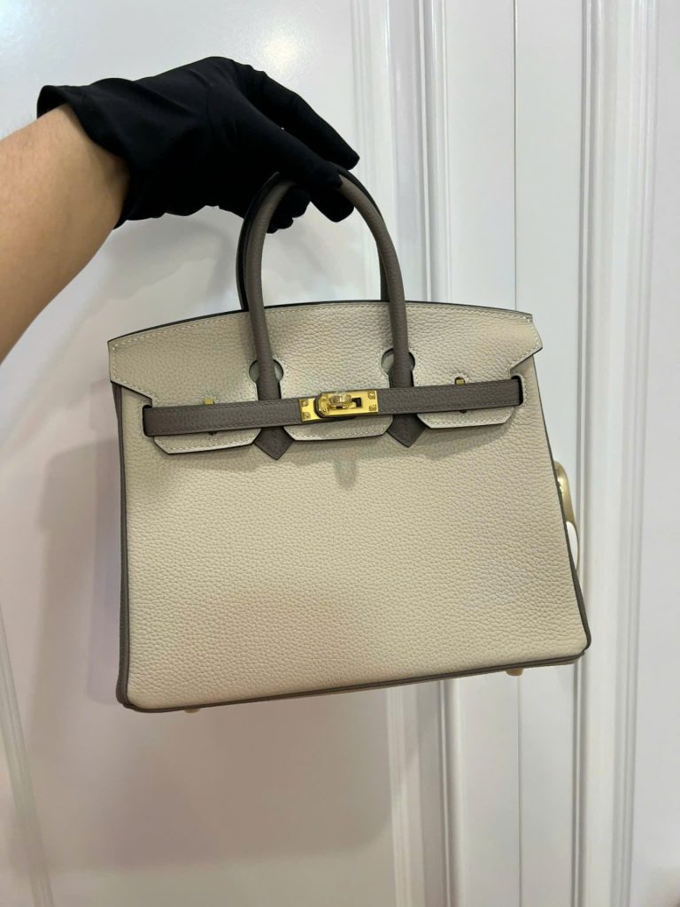Túi Xách Nữ Hermes Birkin Like Auth Mix 2 Màu Trắng Xám 25cm (2)