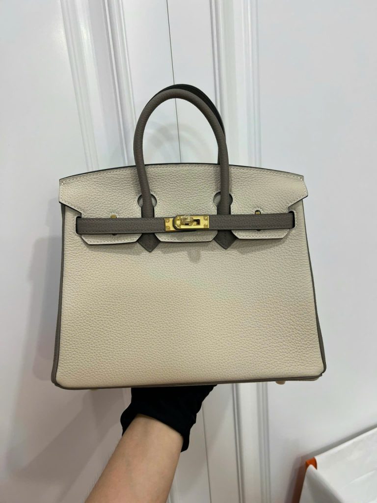 Túi Xách Nữ Hermes Birkin Like Auth Mix 2 Màu Trắng Xám 25cm (2)