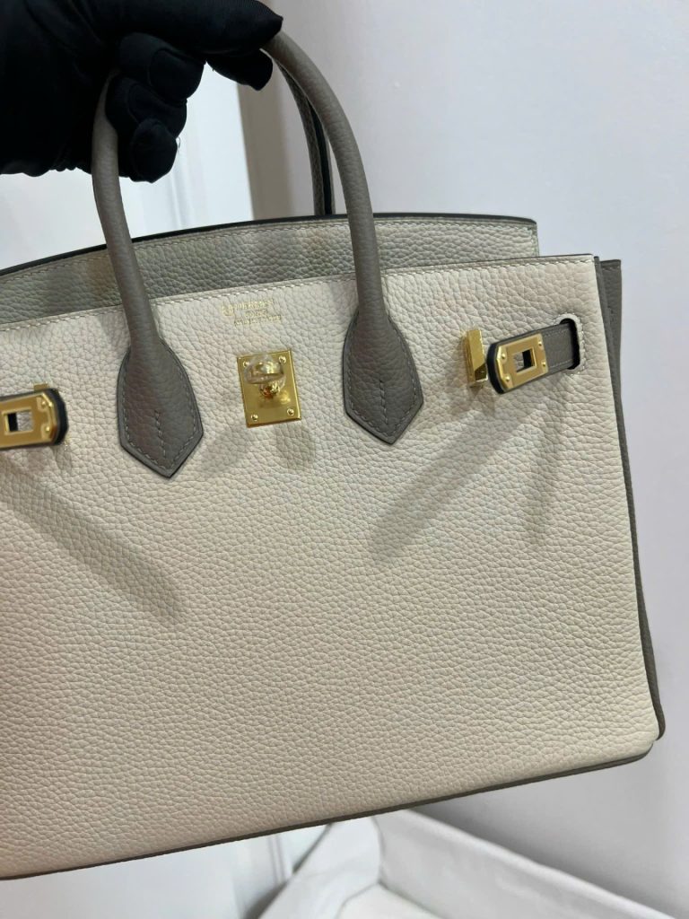 Túi Xách Nữ Hermes Birkin Like Auth Mix 2 Màu Trắng Xám 25cm (2)