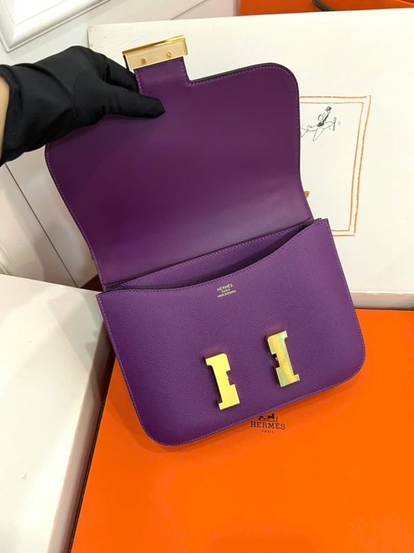 Túi Xách Nữ Hermes Constance Siêu Cấp Màu Tím Khoá Vàng 18cm (1)
