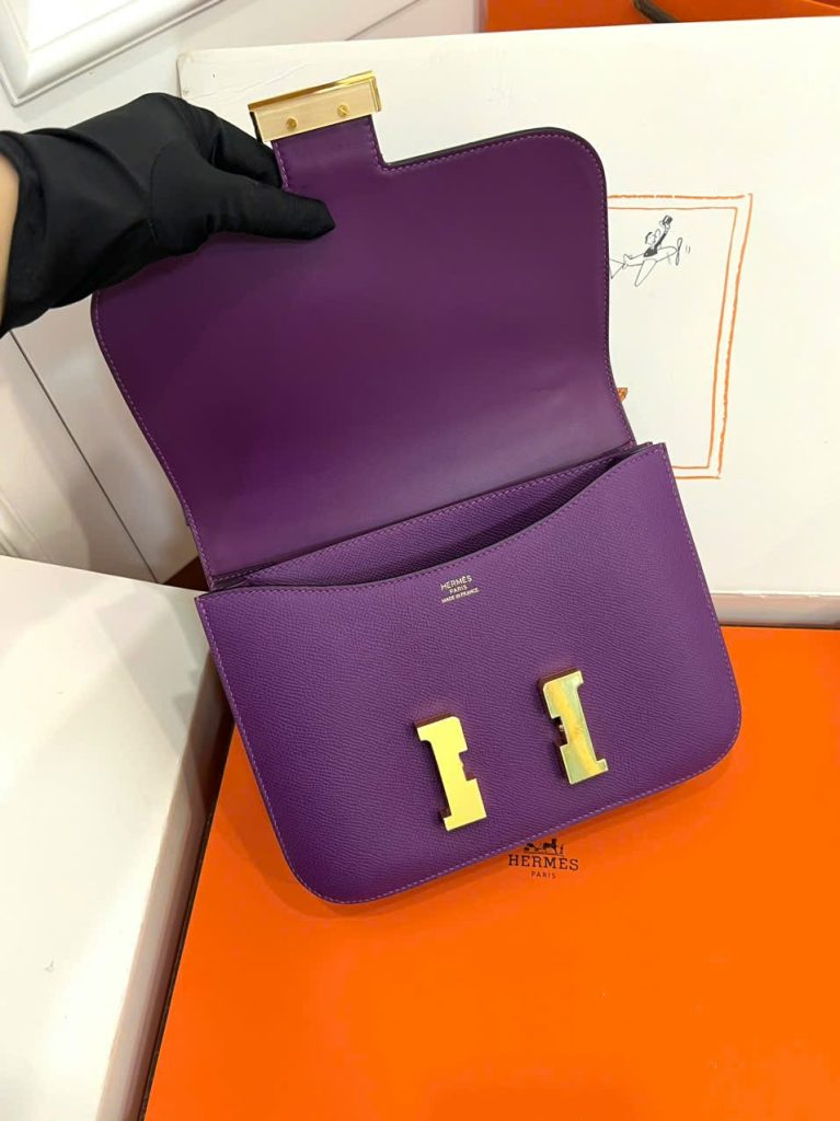 Túi Xách Nữ Hermes Constance Siêu Cấp Màu Tím Khoá Vàng 18cm (1)