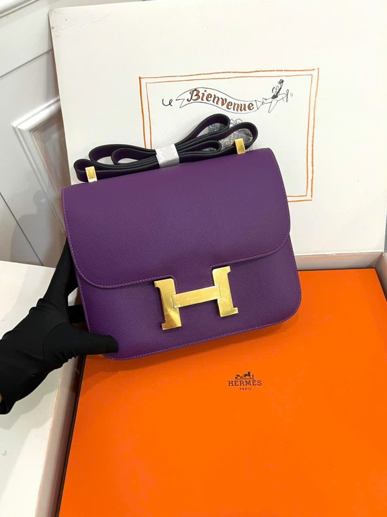 Túi Xách Nữ Hermes Constance Siêu Cấp Màu Tím Khoá Vàng 18cm (1)