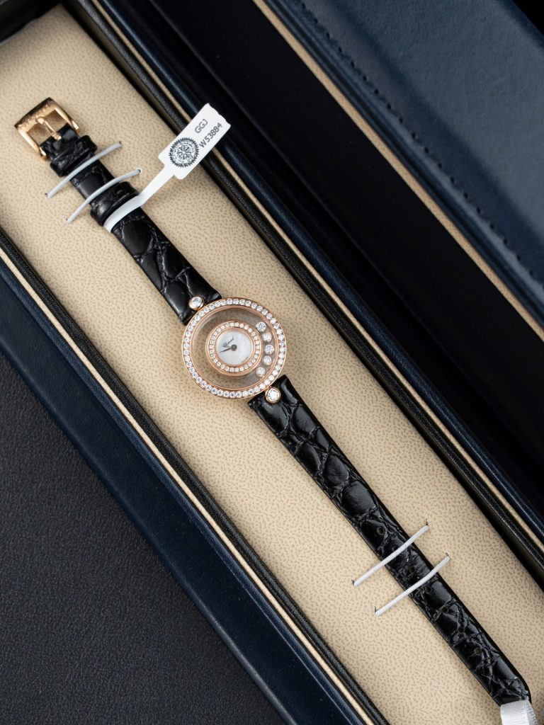 Đồng Hồ Chopard Happy 203857 Replica Cao Cấp Đính Full Kim Cương Moissanite + Bọc Vàng Hồng 36mm (2)