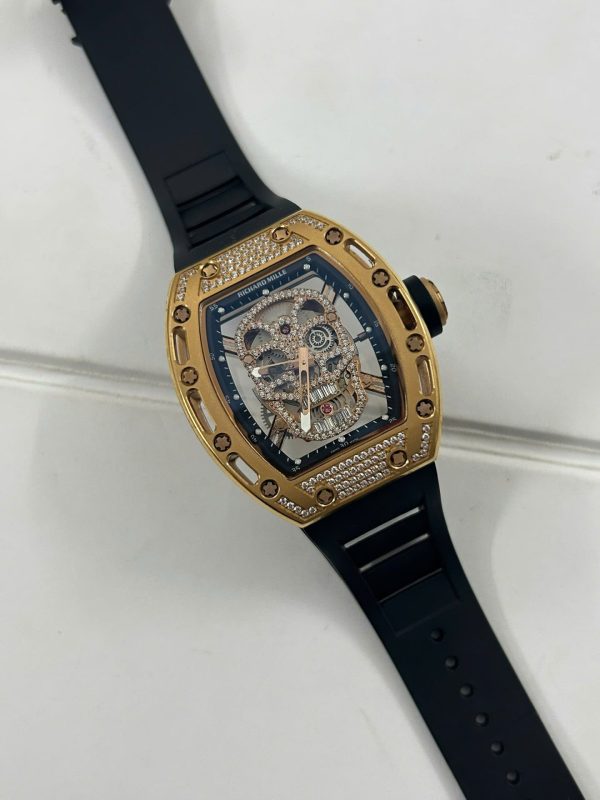 Đồng Hồ Richard Mille Fake Cao Cấp RM052 Rose Gold Skull Đính Đá Dây Cao Su 42mm (2)