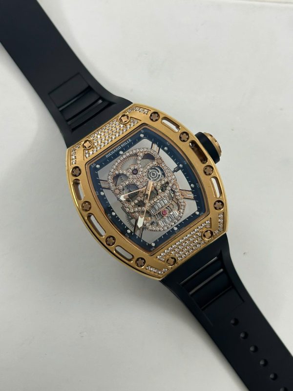 Đồng Hồ Richard Mille Fake Cao Cấp RM052 Rose Gold Skull Đính Đá Dây Cao Su 42mm (2)