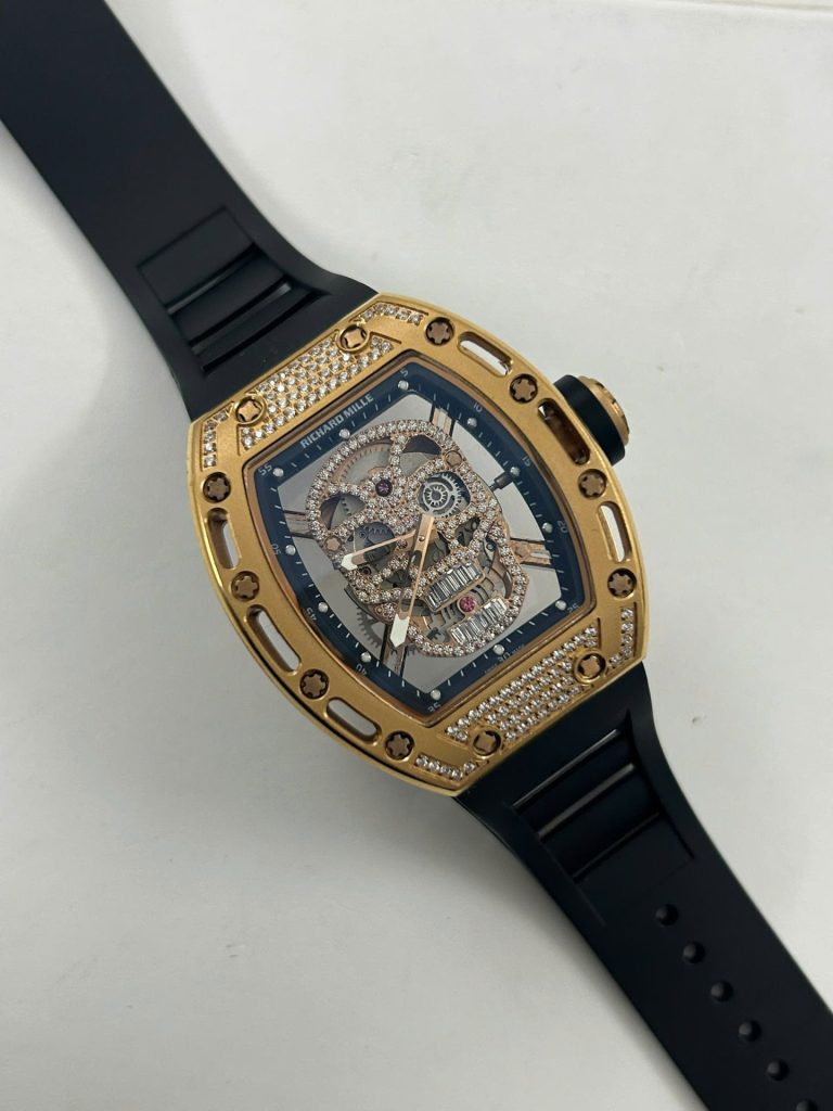 Đồng Hồ Richard Mille Fake Cao Cấp RM052 Rose Gold Skull Đính Đá Dây Cao Su 42mm (2)