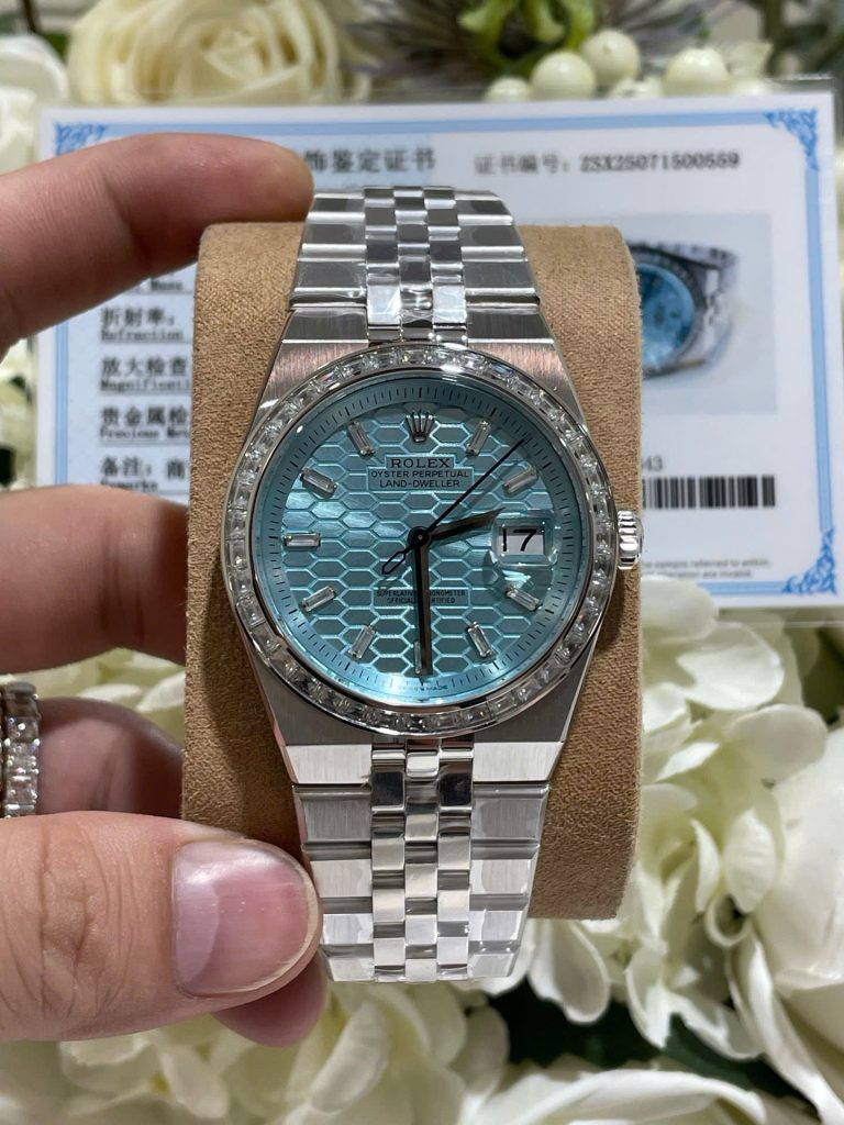 Đồng Hồ Rolex Chế Tác Land-Dweller 127286TBR Bọc Vàng Trắng 18K Kim Cương Moissanite 40mm (1)