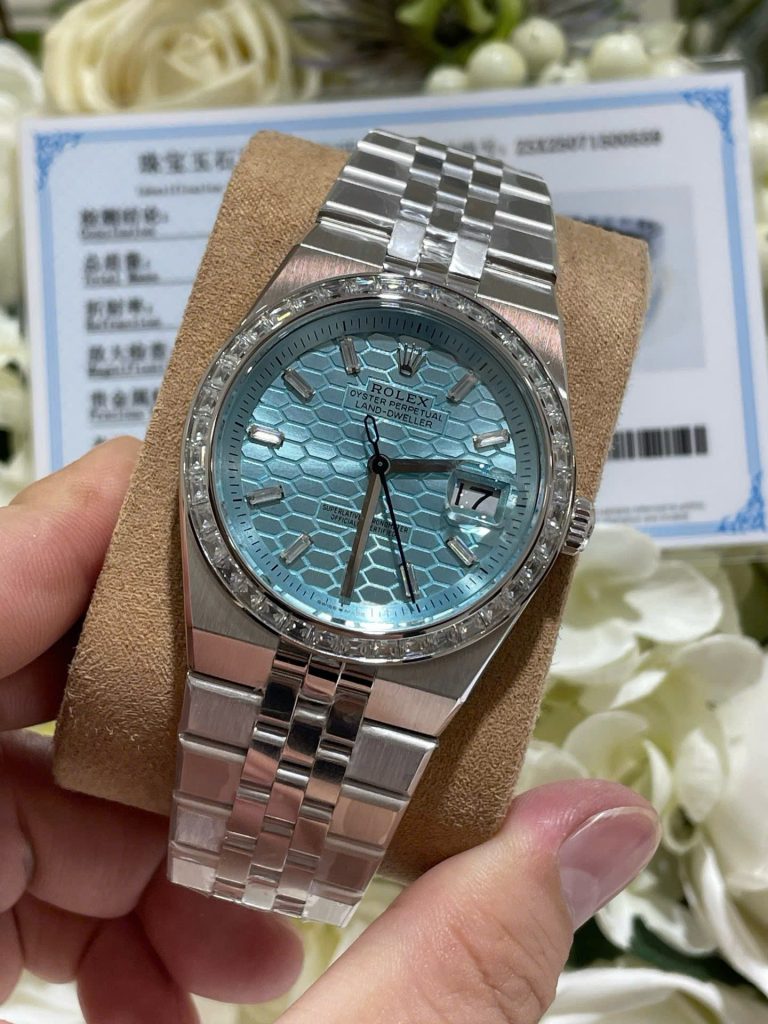 Đồng Hồ Rolex Chế Tác Land-Dweller 127286TBR Bọc Vàng Trắng 18K Kim Cương Moissanite 40mm (1)