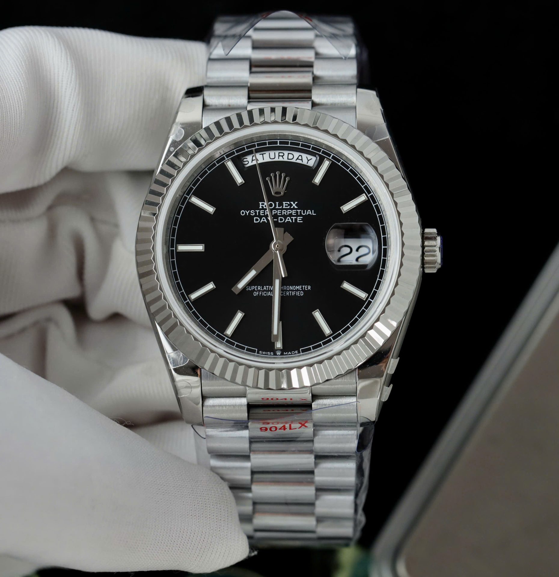 Đồng Hồ Rolex Day-Date Replica 11 Mặt Đen Cọc Số Dạ Quang Xưởng GM 40mm (12)