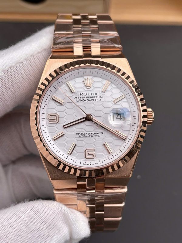 Đồng Hồ Rolex Land-Dweller 127335 Rep 11 Mạ Vàng Hồng Mặt Trắng Họa Tiết Tổ Ong 40mm (2)