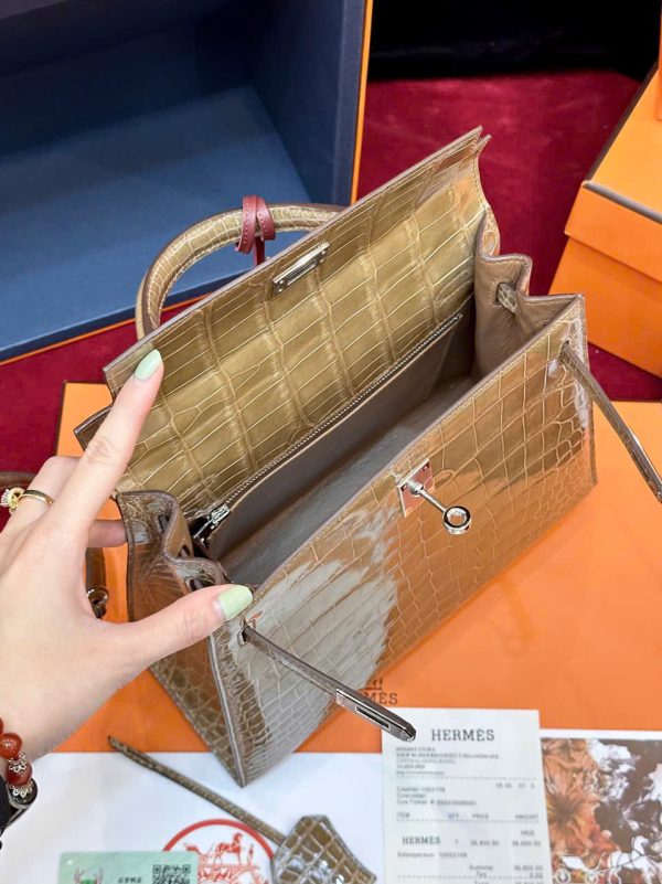 Túi Xách Hermes Kelly Replica 11 Da Cá Sấu Nhập Khẩu Màu Nâu 20cm (2)