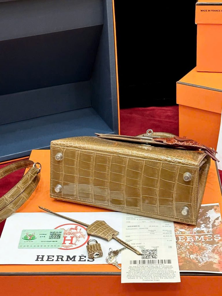 Túi Xách Hermes Kelly Replica 11 Da Cá Sấu Nhập Khẩu Màu Nâu 20cm (2)