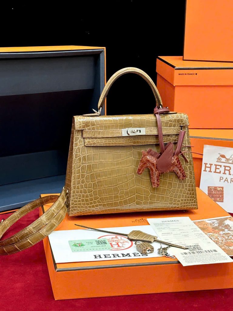 Túi Xách Hermes Kelly Replica 11 Da Cá Sấu Nhập Khẩu Màu Nâu 20cm (2)