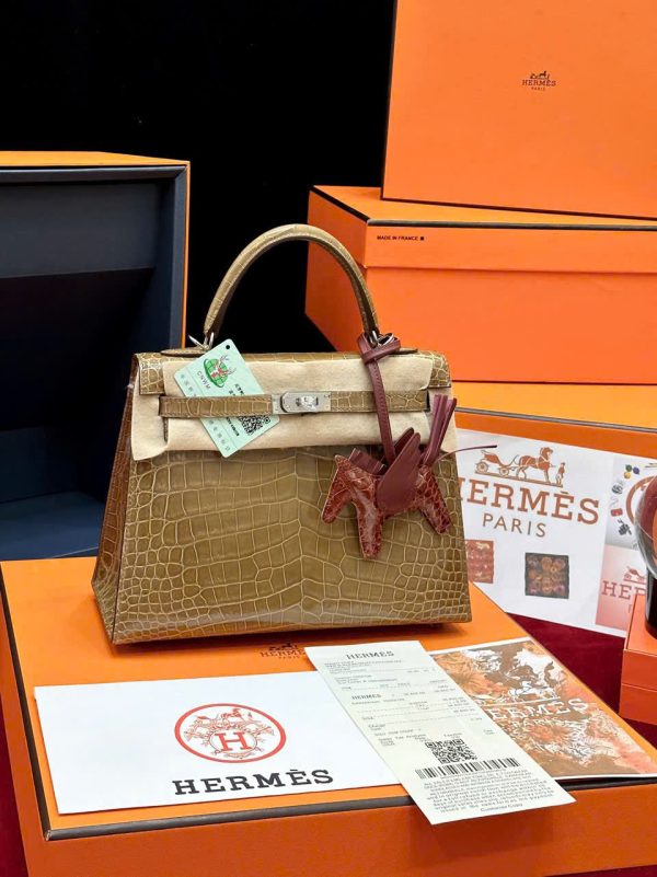 Túi Xách Hermes Kelly Replica 11 Da Cá Sấu Nhập Khẩu Màu Nâu 20cm (2)