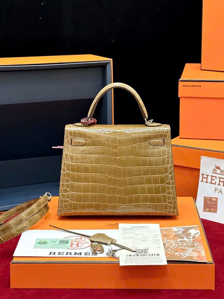 Túi Xách Hermes Kelly Replica 11 Da Cá Sấu Nhập Khẩu Màu Nâu 20cm (2)
