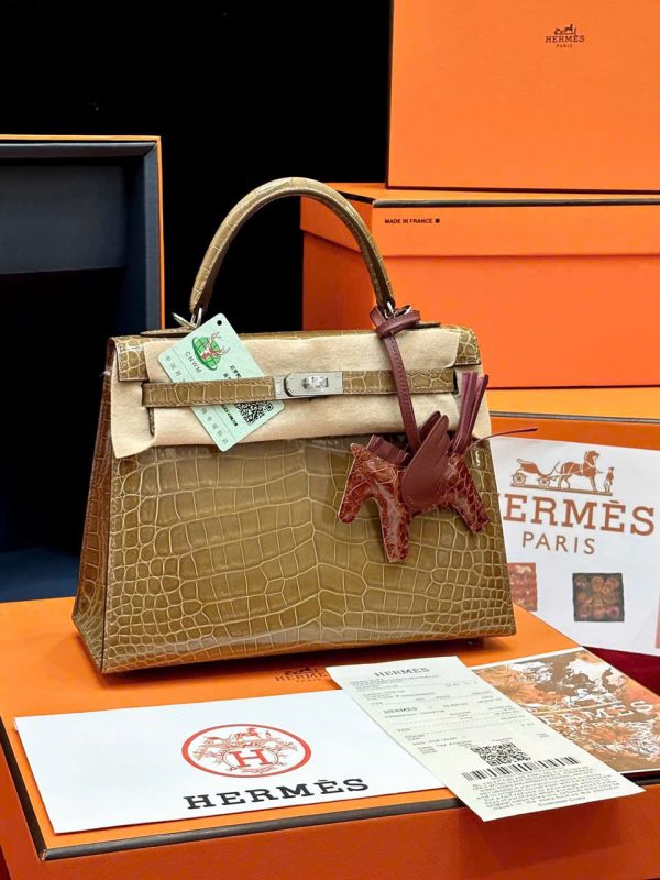 Túi Xách Hermes Kelly Replica 11 Da Cá Sấu Nhập Khẩu Màu Nâu 20cm (2)