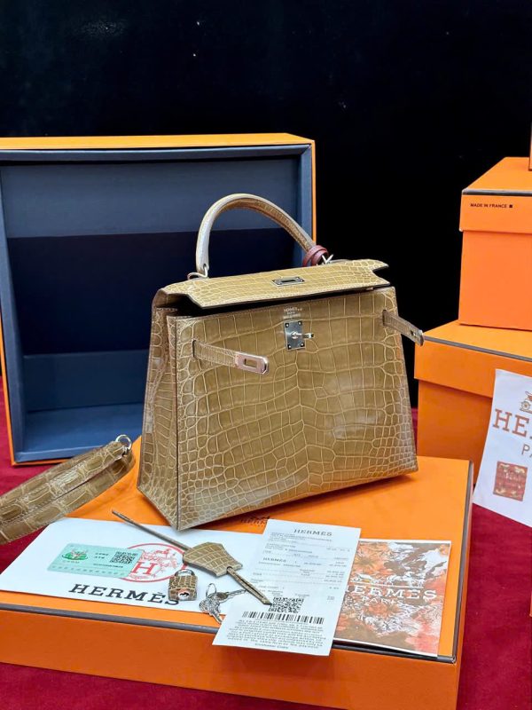 Túi Xách Hermes Kelly Replica 11 Da Cá Sấu Nhập Khẩu Màu Nâu 20cm (2)