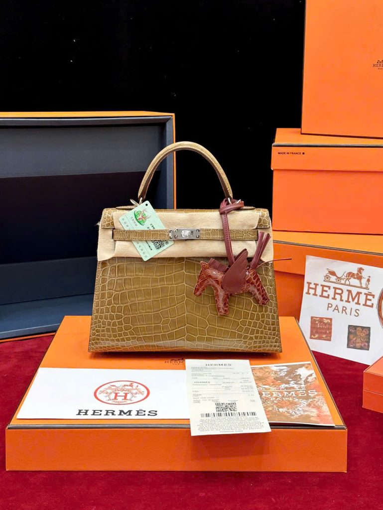 Túi Xách Hermes Kelly Replica 11 Da Cá Sấu Nhập Khẩu Màu Nâu 20cm (2)