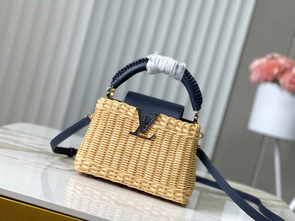 Túi Xách Louis Vuitton LV Capucines Like Auth Chất Liệu Mây Tre Phối Da Màu Xanh Than 21cm (2)