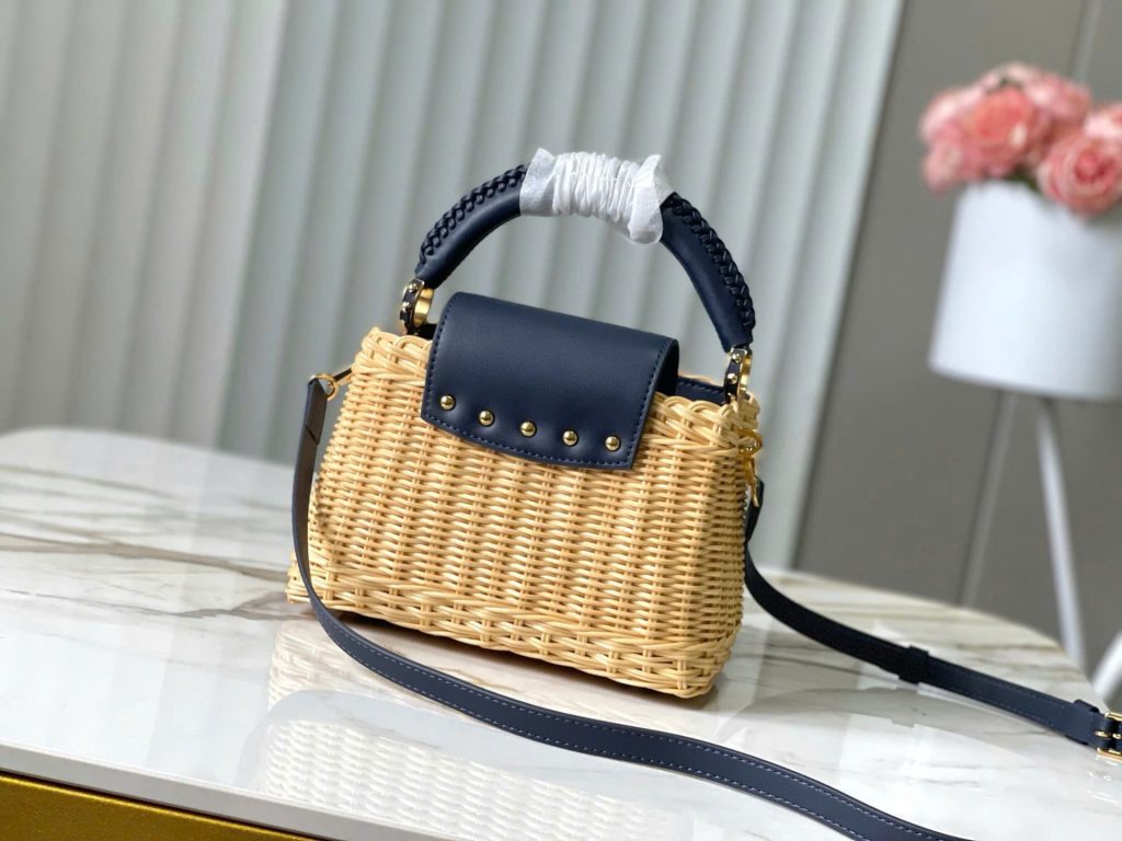 Túi Xách Louis Vuitton LV Capucines Like Auth Chất Liệu Mây Tre Phối Da Màu Xanh Than 21cm (2)