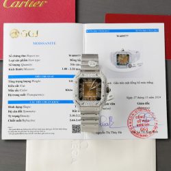 Đồng Hồ Cartier Santos Mặt Nâu Chế Tác Độ Moissanite Dây Kim Loại Xưởng BV 39 (2)