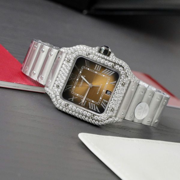 Đồng Hồ Cartier Santos Mặt Nâu Chế Tác Độ Moissanite Dây Kim Loại Xưởng BV 39 (2)