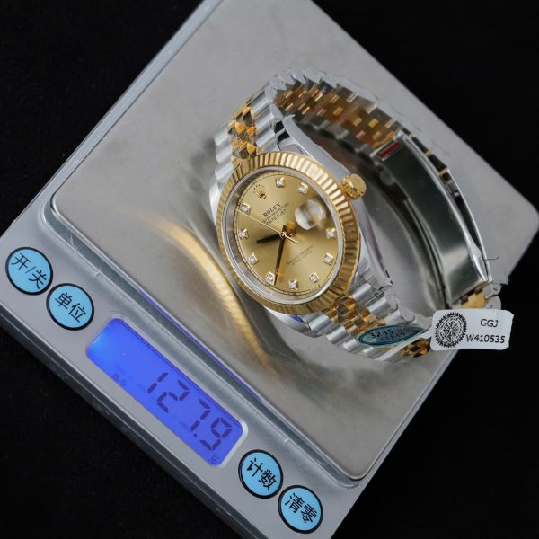 Đồng Hồ Rolex DateJust Rep 11 Mặt Vàng Cọc Số Đính Kim Cương Moissanite Xưởng Clean 41mm (2)