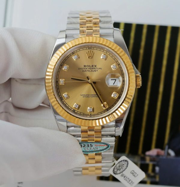 Đồng Hồ Rolex DateJust Rep 11 Mặt Vàng Cọc Số Đính Kim Cương Moissanite Xưởng Clean 41mm (2)