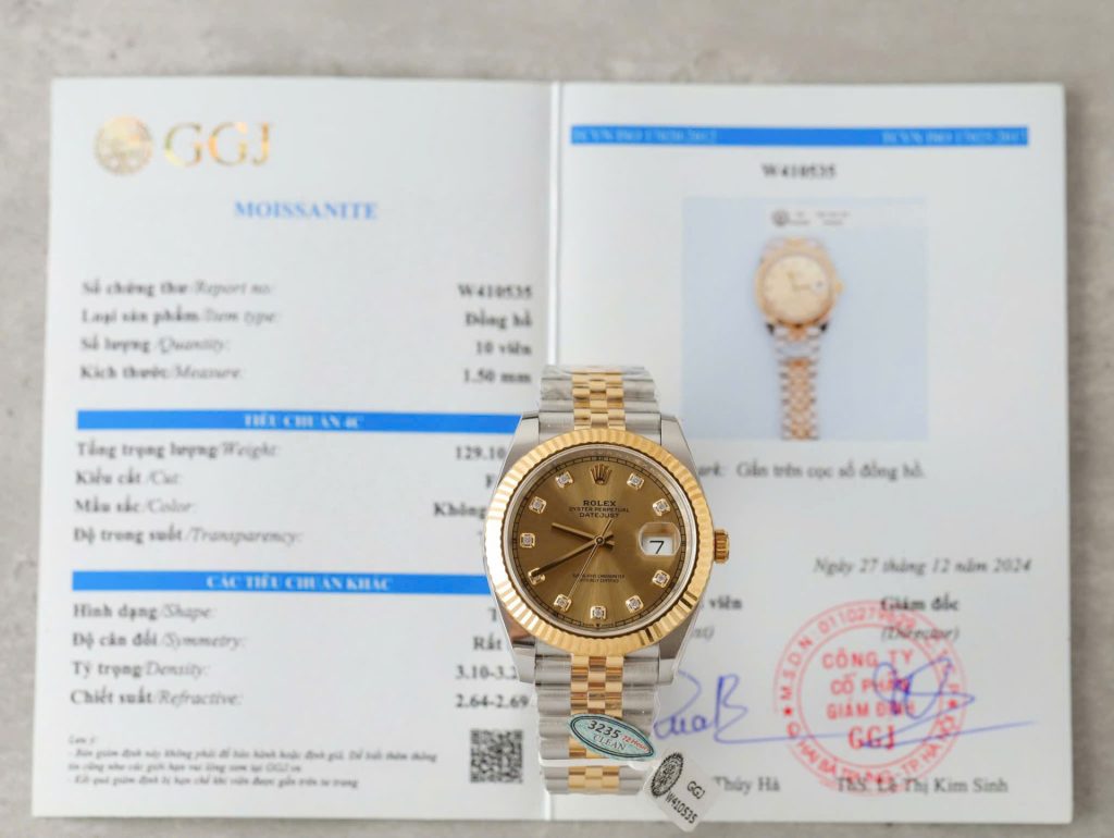 Đồng Hồ Rolex DateJust Rep 11 Mặt Vàng Cọc Số Đính Kim Cương Moissanite Xưởng Clean 41mm (2)