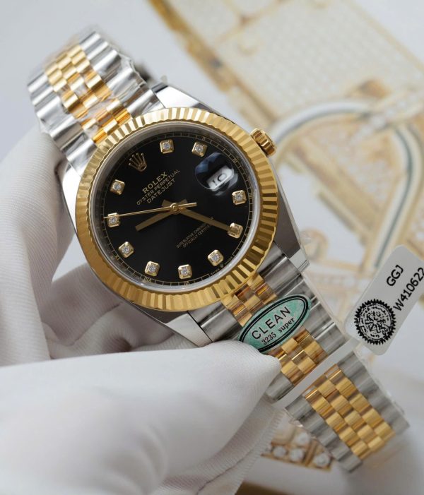 Đồng Hồ Rolex DateJust Replica 11 Mặt Đen Cọc Số Đính Kim Cương Moissanite Xưởng Clean 41mm (2)
