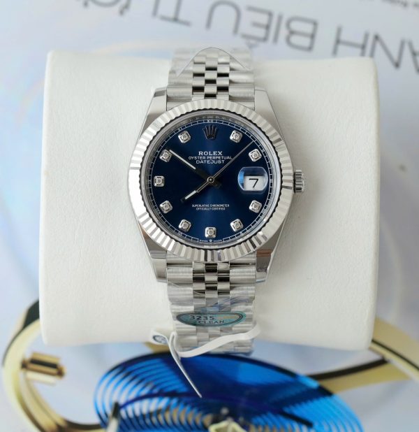 Đồng Hồ Rolex DateJust Replica 11 Mặt Xanh Blue Cọc Số Đính Moissanite Nhà Máy Clean 41mm (2)