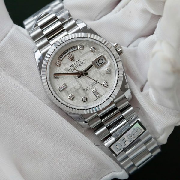 Đồng Hồ Rolex Day-Date Mặt Thiên Thạch Chế Tác Cọc Số Kim Cương Moissanite Xưởng QF 36mm (2)