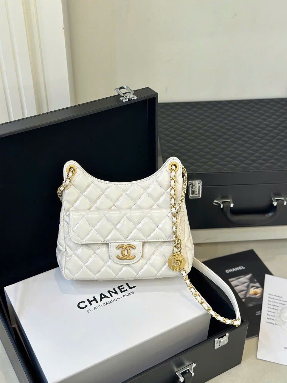 Túi Xách Chanel Hobo Siêu Cấp Nữ Màu Trắng Khóa Vàng 22cm (2)