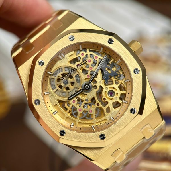 Đồng Hồ Audemars Piguet Replica Cao Cấp Royal Oak Jumbo Extra-thin Openworked 16204 Mặt Lộ Cơ Mạ Vàng Xưởng ZF 39mm (2)