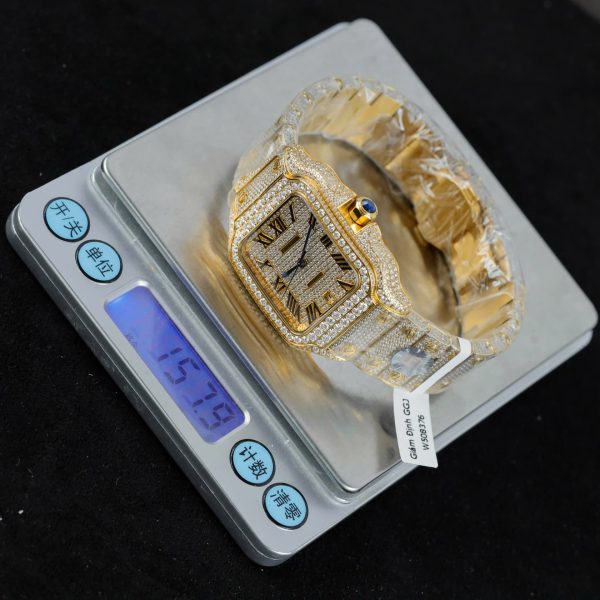 Đồng Hồ Cartier Santos Màu Vàng Chế Tác Đính Full Kim Cương Moissanite 39 (2)