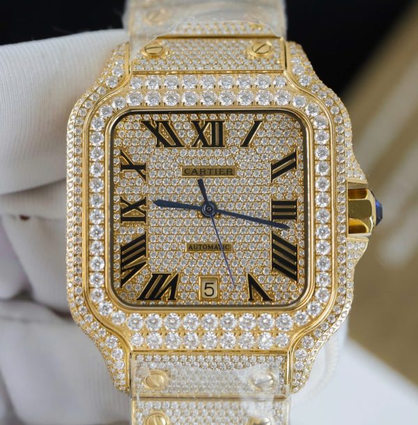 Đồng Hồ Cartier Santos Màu Vàng Chế Tác Đính Full Kim Cương Moissanite 39 (2)