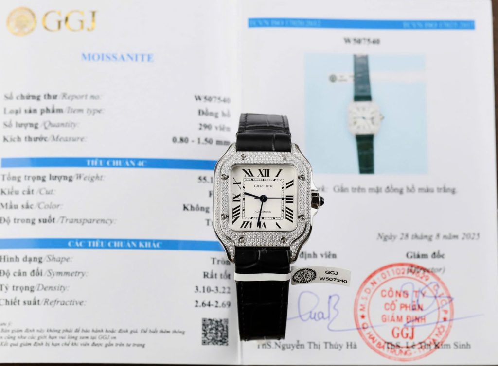 Đồng Hồ Cartier Santos Nữ Chế Tác Đính Kim Cương Moissanite Dây Da Đen Xưởng BV 35 (2)