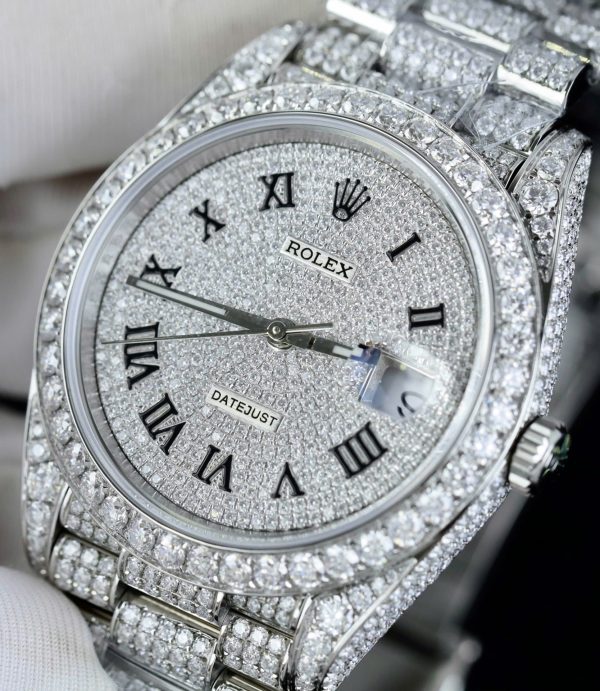 Đồng Hồ Rolex DateJust Cọc Số La Mã Replica 11 Đính Full Kim Cương Moissanite Hong Kong 41mm (2)
