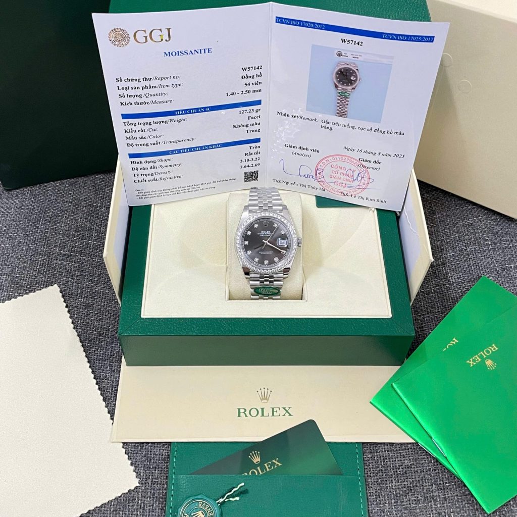 Đồng Hồ Rolex DateJust Replica 11 Mặt Xám Viền Đính Kim Cương Moissnaite Nhà Máy Clean 41mm (2)