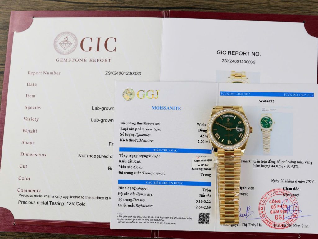 Đồng Hồ Rolex Day-Date Mặt Xanh Lá Cây Chế Tác Bọc Vàng Thật Viền Đính Kim Cương Moissanite Xưởng GM 40mm (2)